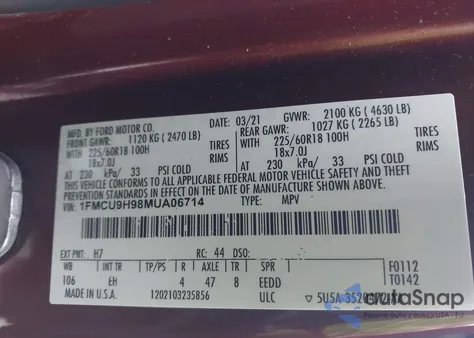 2021 Ford Escape Sel z USA, uszkodzony, nr VIN 1FMCU9H98MUA06714